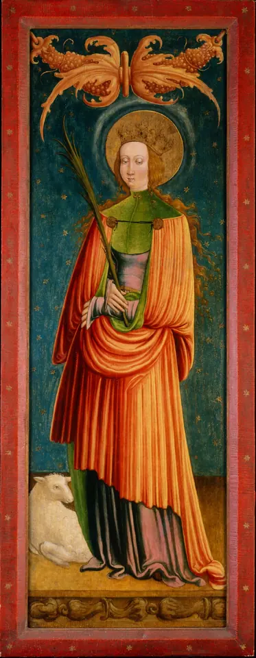 Tall panel painting of St. Agnes in a flowing orange-red cloak holding a palm branch and a book, with a small lamb at her feet