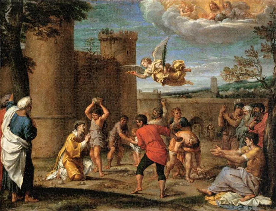Painting of St. Stephen kneeling in a yellow robe outside a walled city as men raise stones over him, while an angel flies down with a crown and Christ appears in the clouds above