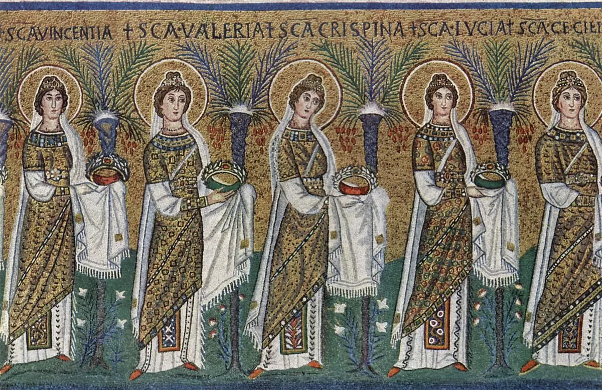 Byzantine gold mosaic of five crowned women in white and gold robes walking in a line, each holding a crown, with palm trees between them and their names written above