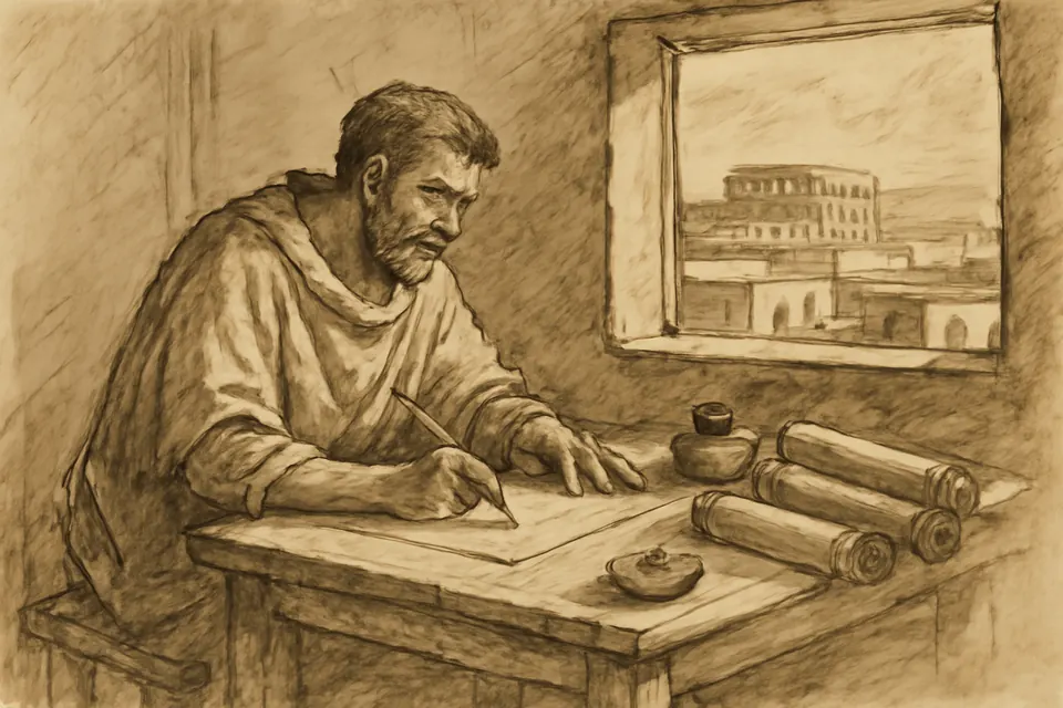 Ink-drawing-style illustration of an early Christian writer in North Africa writing on a scroll by lamplight