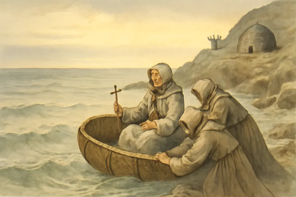 Watercolor-style illustration of Irish monks pushing a small leather boat into the sea at dawn as they leave home for the love of God