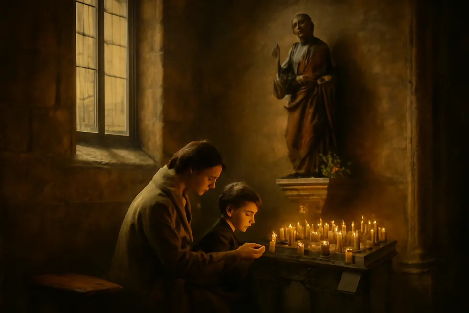 Oil-painting-style illustration of a mother and her young son lighting a candle before a carved wooden statue of a saint in a side chapel of an old parish church