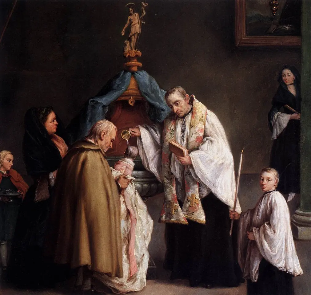 Eighteenth-century Venetian painting of a priest in a lace surplice baptizing an infant held over a font while family members and an altar boy look on