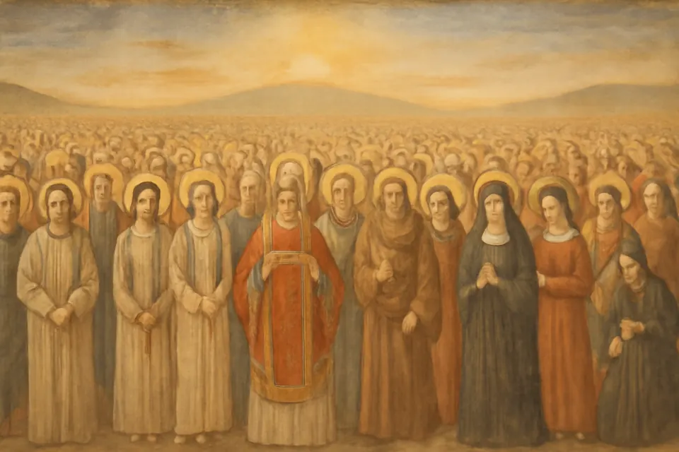 Fresco-style painting of a great crowd of saints from many centuries, apostles, martyrs with palm branches, bishops, monks and nuns, gathered on a golden hillside