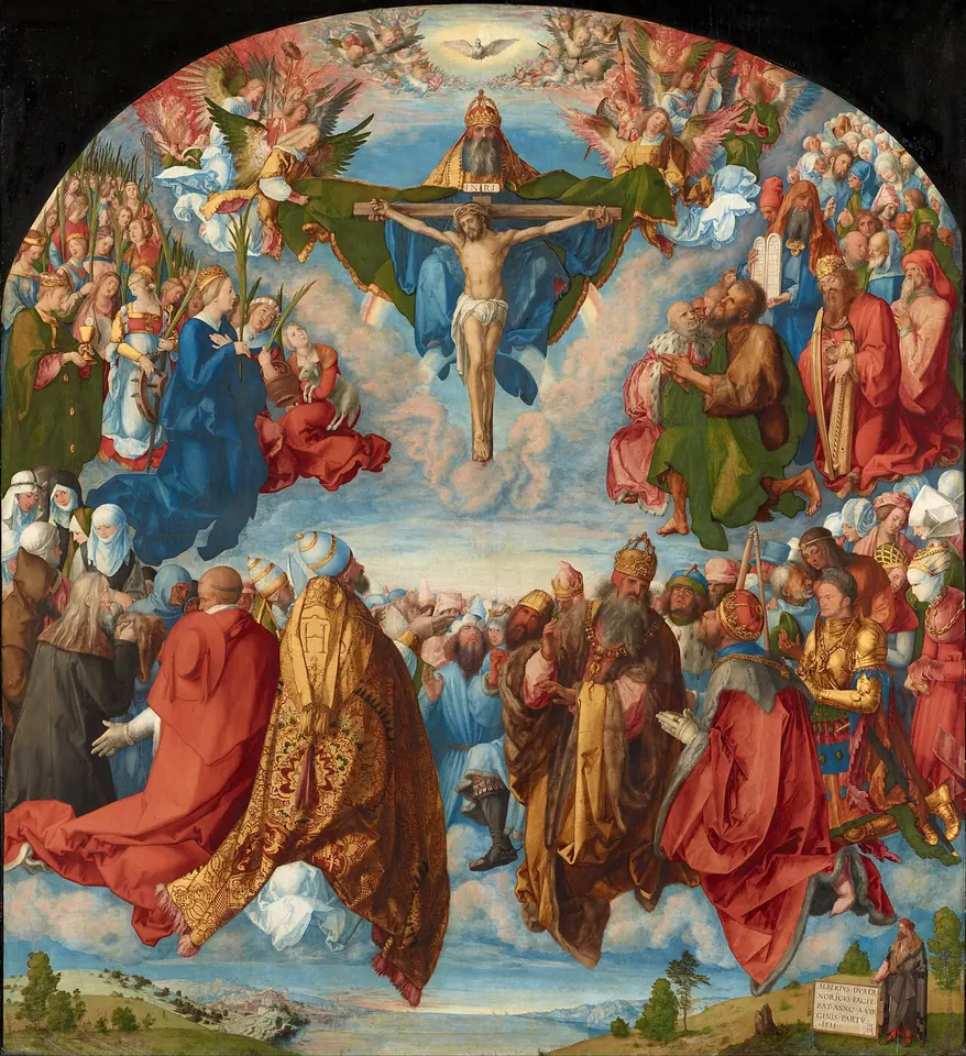 Painting of the Trinity in the sky, God the Father holding the crucified Christ under the dove, adored by ranks of saints, popes, emperors and ordinary men and women on clouds above a small landscape
