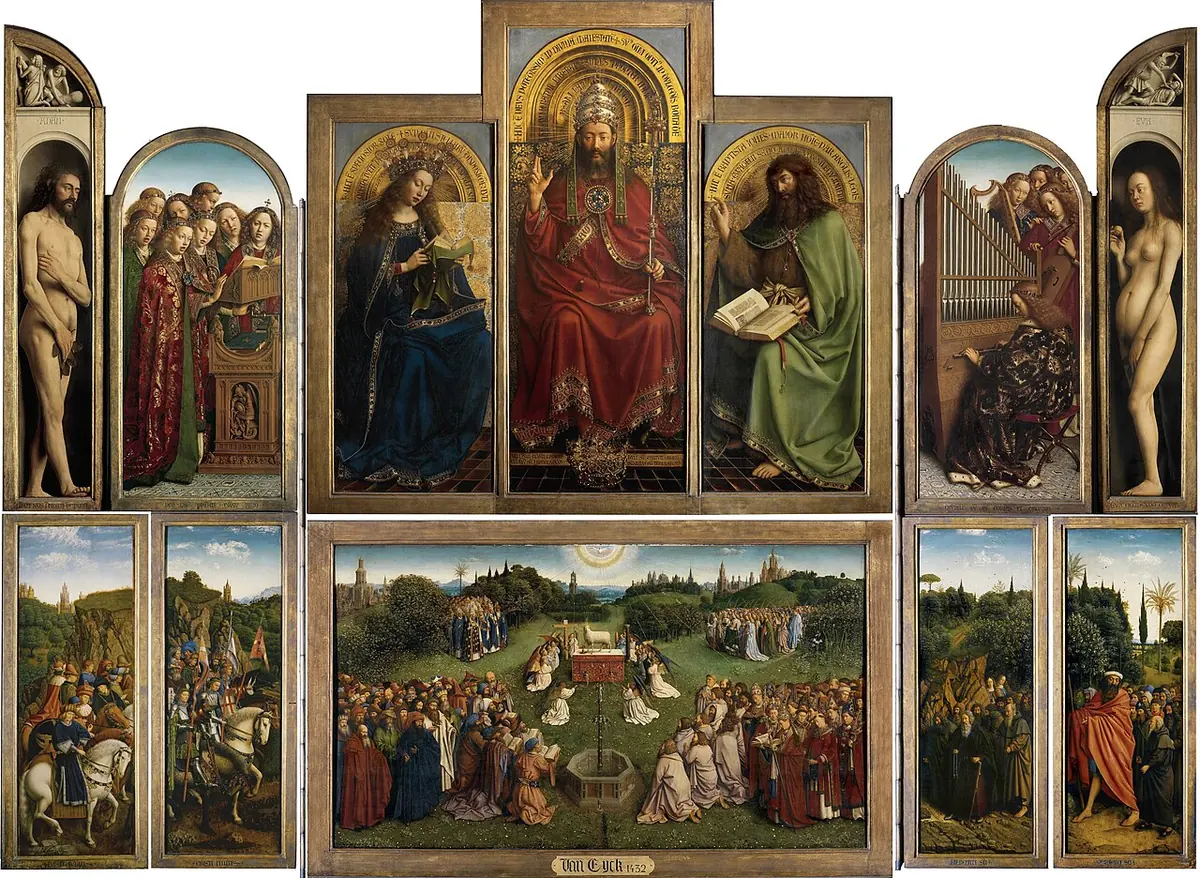 Large folding altarpiece of many panels, with God enthroned between Mary and John the Baptist above, and below crowds of saints coming from every side to adore a lamb on an altar in a green meadow