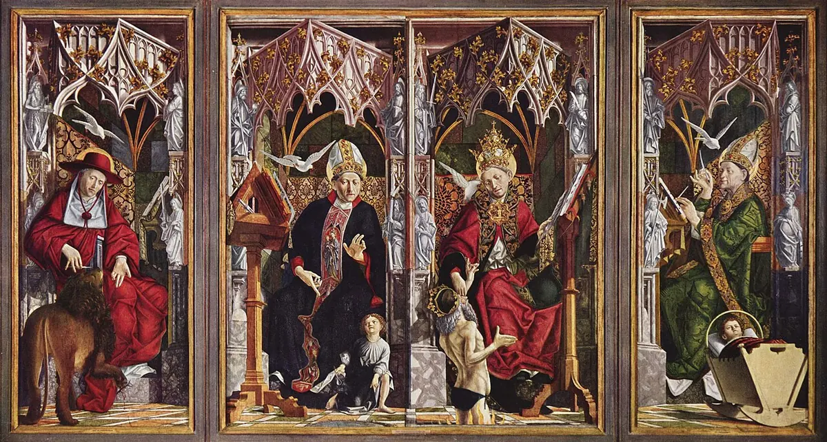 Four-panel Gothic altarpiece of the Latin Doctors Jerome, Augustine, Gregory and Ambrose, each seated at a desk under carved canopies with a dove of inspiration above him