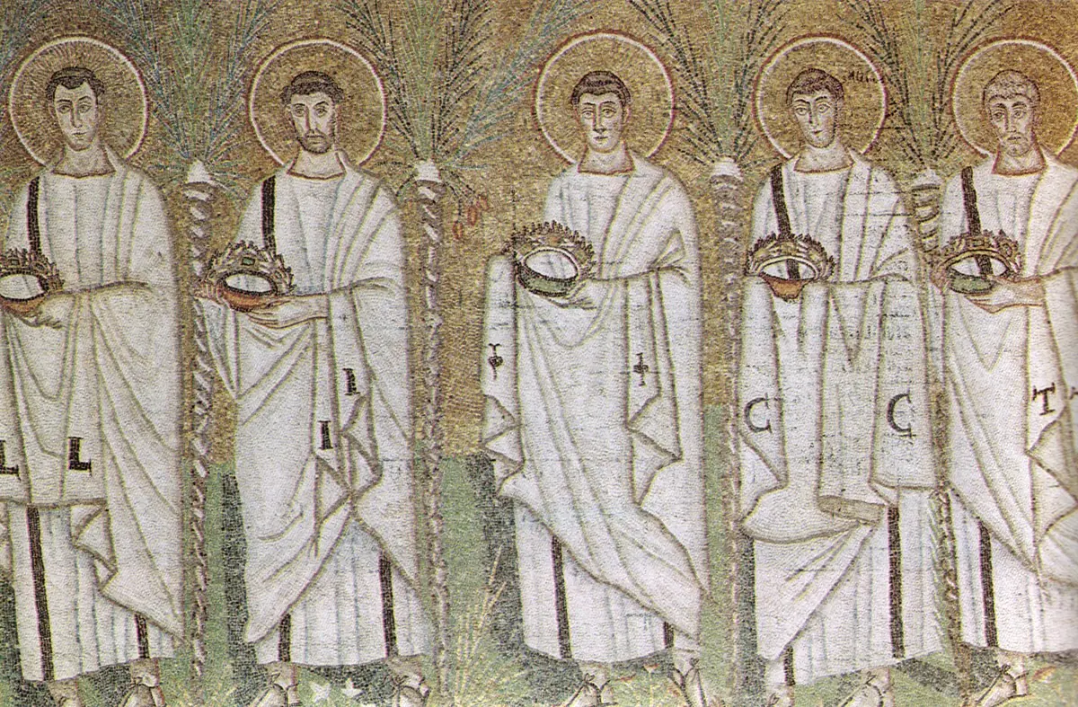 Mosaic of five haloed men in white robes walking in a row between palm trees, each carrying a gold crown in veiled hands, their names written above them