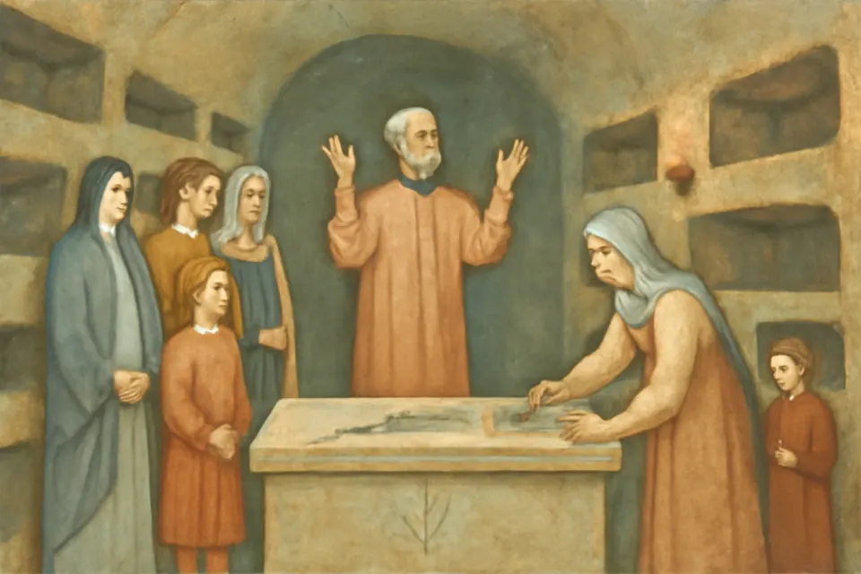Illustration of early Christians gathered by oil lamps at a martyr's tomb in a Roman catacomb on the anniversary of the martyr's death
