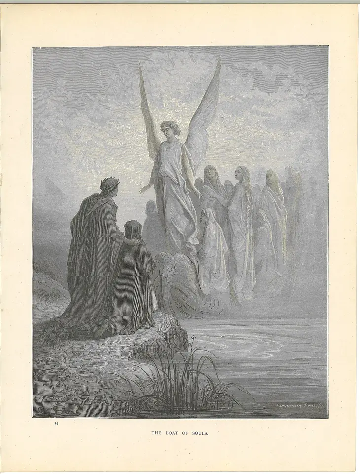 Engraving of a great winged angel standing on the water in the morning light as a crowd of robed souls comes ashore, watched by Dante and Virgil