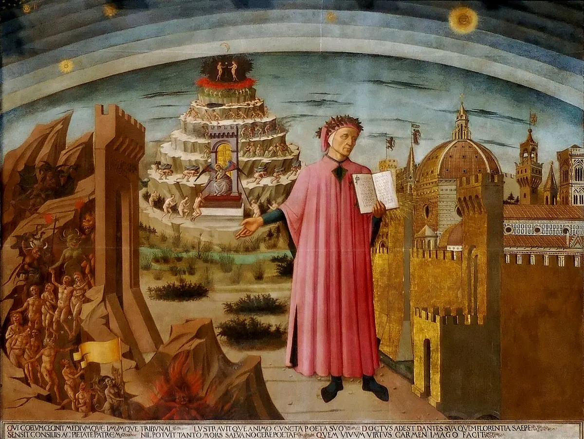 Dante in a red robe holds his open book beside the walls of Florence, with the mountain of Purgatory rising in terraces behind him and the gate of hell on the left