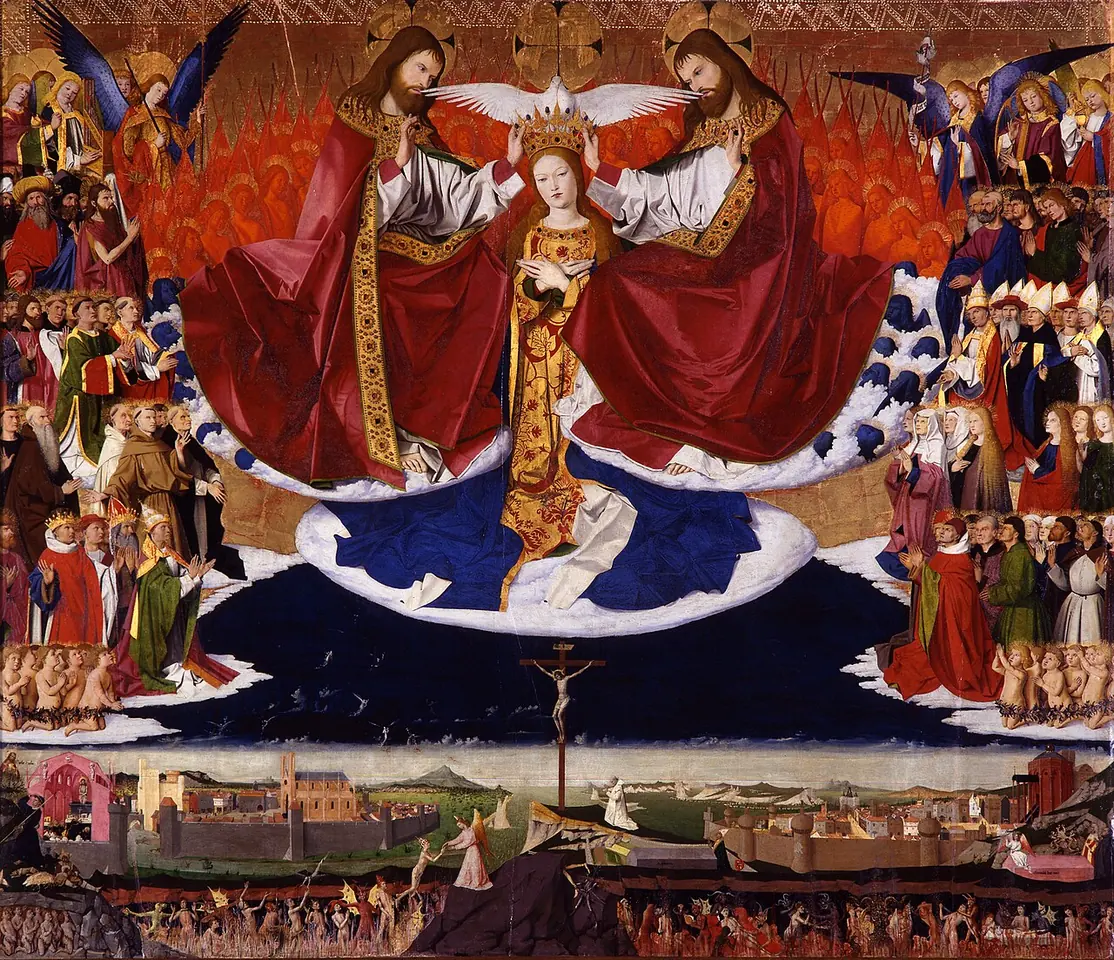 Mary crowned by the Father and the Son with the Holy Spirit as a dove, surrounded by ranks of saints, with the earth and a crucifix below and, at the very bottom, souls in purgatory being lifted out by angels