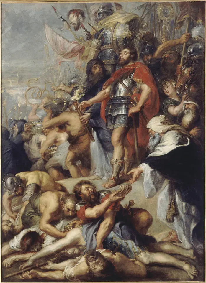 Judas Maccabeus in armor and a red cloak stands among his soldiers above the bodies of the fallen, while an old priest in a white headcloth kneels in the foreground