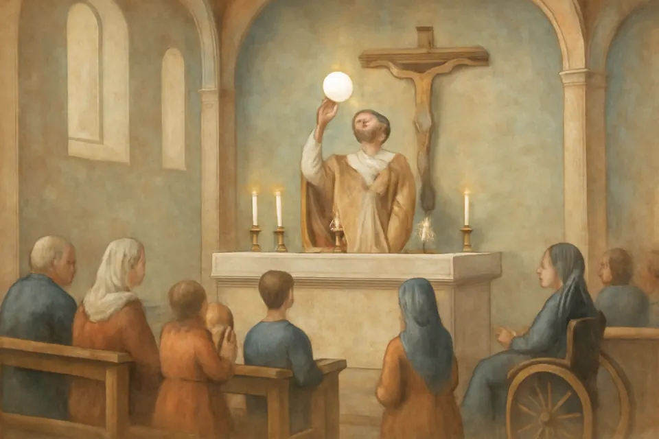 Oil-painting-style illustration of a priest raising the consecrated Host over a chalice at a candlelit altar while the faithful kneel