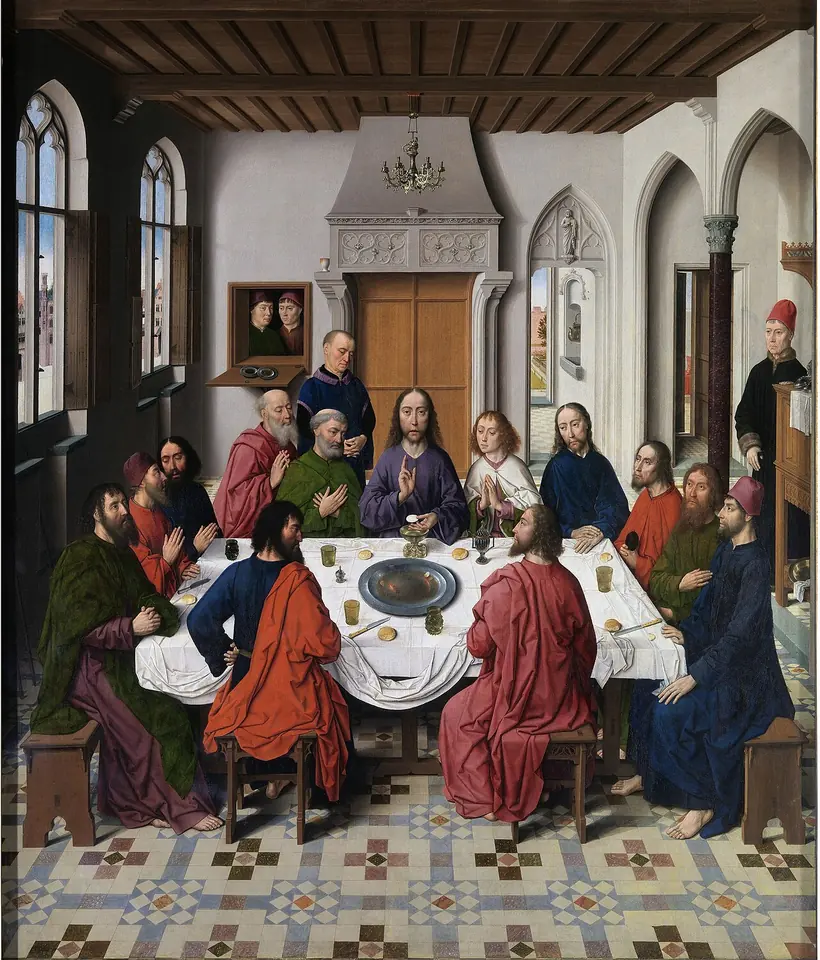 Flemish painting of Christ seated at the center of a square table in a Gothic room, blessing a Host over a chalice while the apostles sit around him and servants stand at the doors
