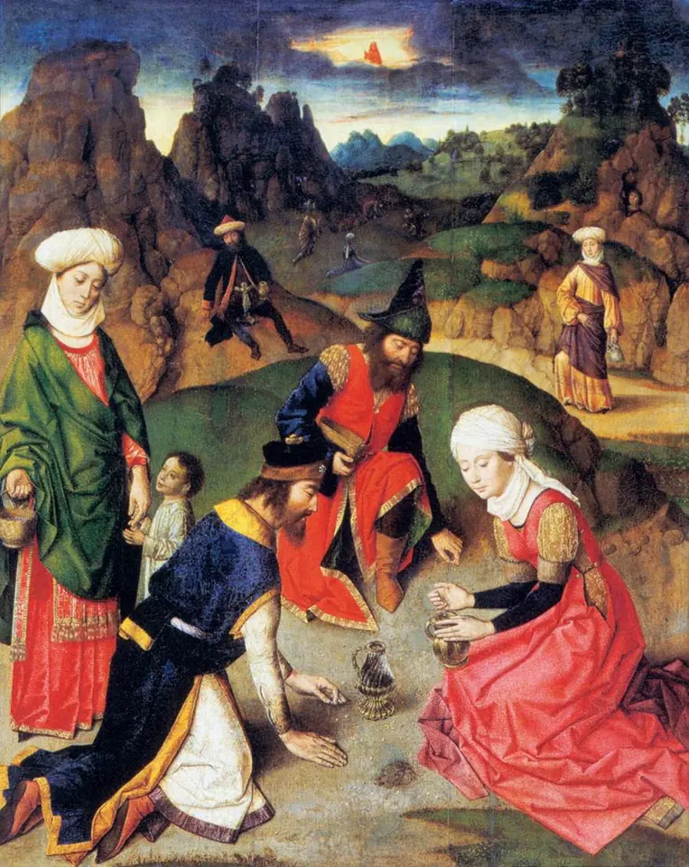 Flemish painting of Israelites in colorful robes and headdresses kneeling on the ground of a rocky landscape to gather the small white manna into bowls