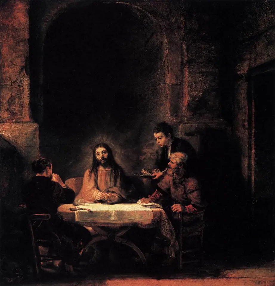 Painting of the risen Christ seated at a table in a tall dim stone room, breaking bread with a soft light around his head, as two disciples react and a servant brings a dish