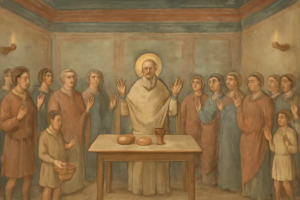 Fresco-style illustration of early Christians gathered by lamplight in a Roman house as a bishop gives thanks over bread and a cup on a simple table