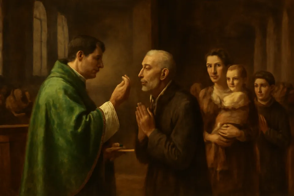 Oil-painting-style illustration of the faithful coming forward in line to receive Holy Communion from a priest at Sunday Mass