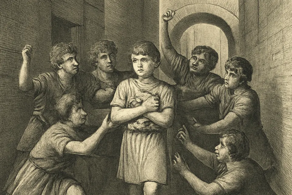 Engraving-style illustration of the boy St. Tarcisius on a Roman street, clutching the Blessed Sacrament to his chest as an angry crowd closes in