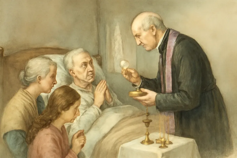 Watercolor-style illustration of a priest bringing Holy Communion to an elderly man in bed at home, with his family praying at the bedside