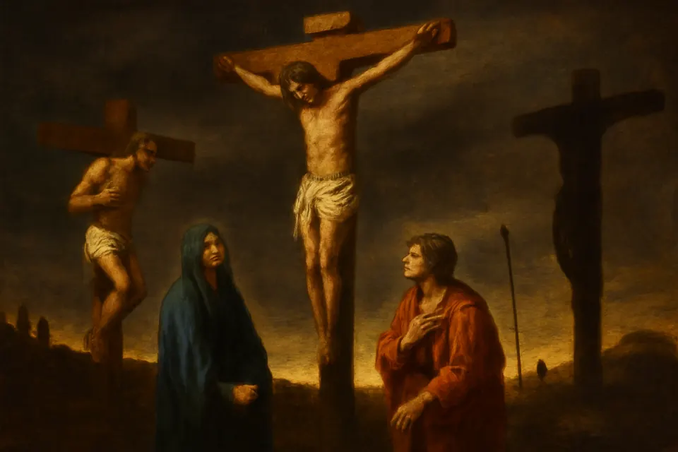 Oil-painting-style scene of Calvary at dusk, with the Good Thief on his cross turning his face toward Christ crucified beside him under a darkening sky