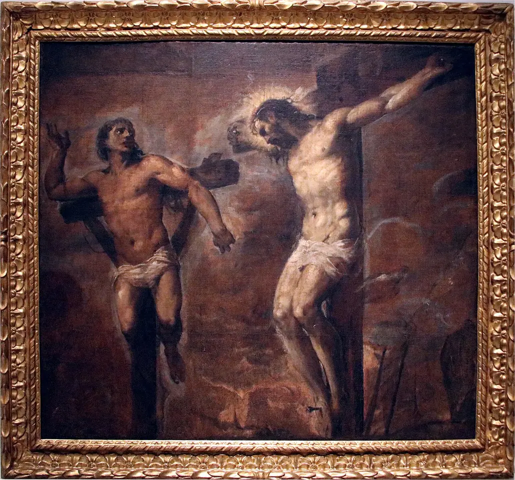 Dark Venetian painting of Christ on the cross turning his head toward the Good Thief, who strains toward him from his own cross at the left