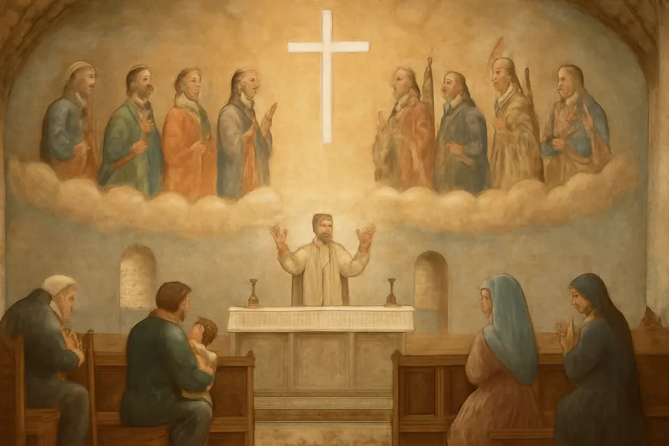 Fresco-style illustration of a parish congregation at prayer before an altar while a great company of saints prays with them in the golden light above