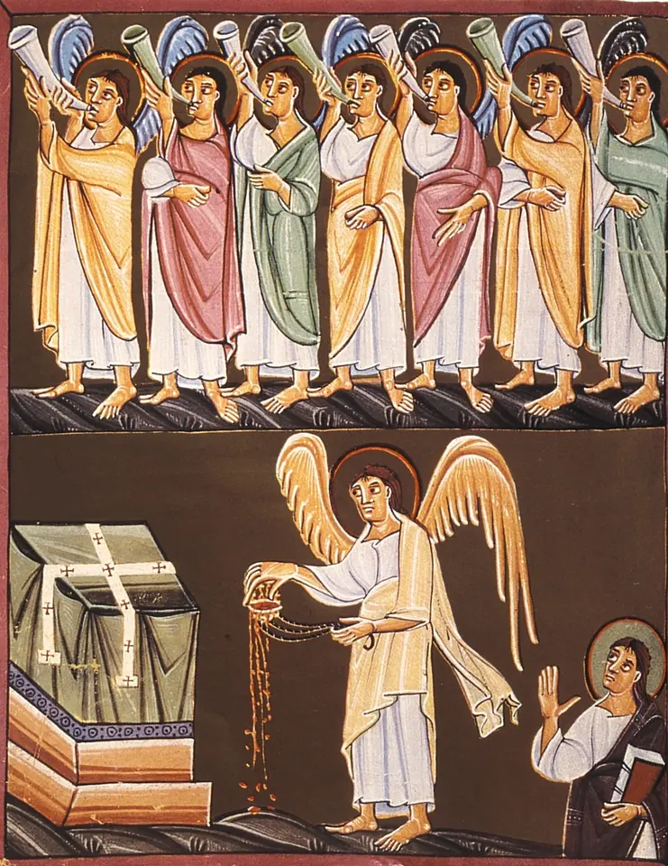 Manuscript painting in two bands, above seven haloed angels blowing long horns, below an angel pouring incense from a censer onto a golden altar while St. John watches