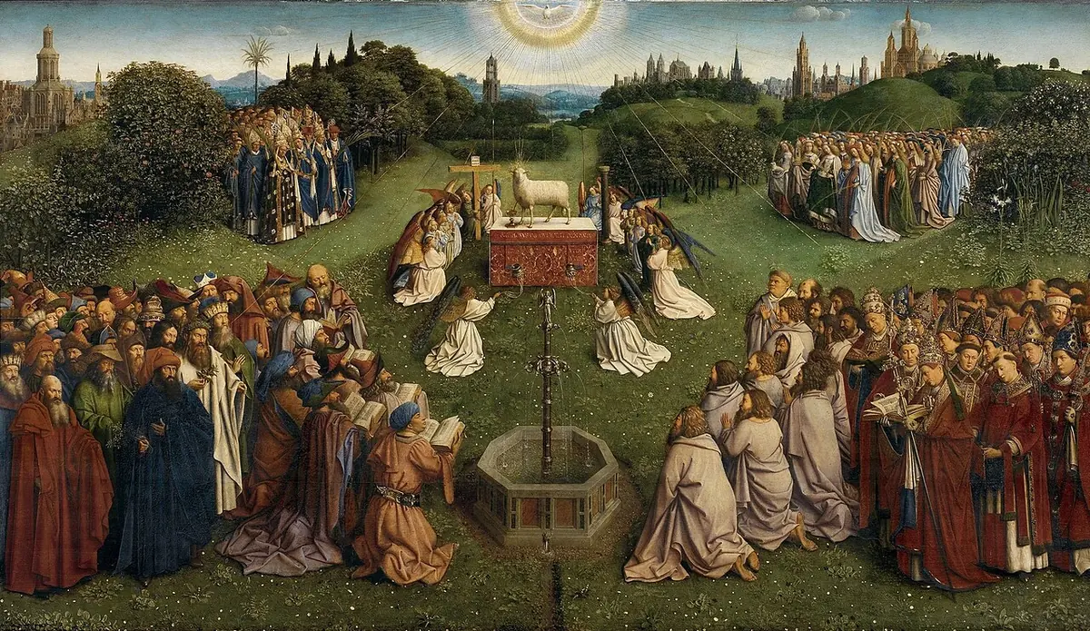 Painting of a lamb on an altar in a flowering meadow, surrounded by kneeling angels, with great crowds of saints, prophets, apostles, martyrs and holy women approaching from every side