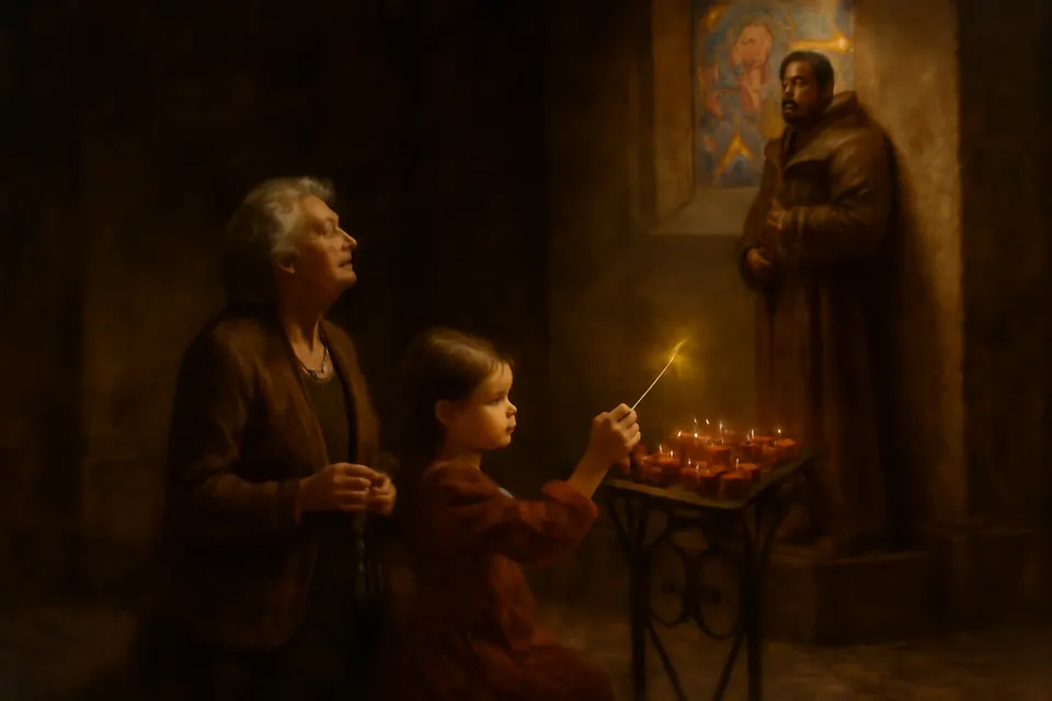Oil-painting-style illustration of a grandmother and her granddaughter lighting a votive candle before a statue of a saint in a quiet side chapel