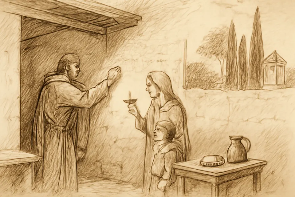 Ink-drawing-style illustration of 3rd-century pilgrims scratching prayers to Sts. Peter and Paul into the plaster wall of a small courtyard on the Appian Way