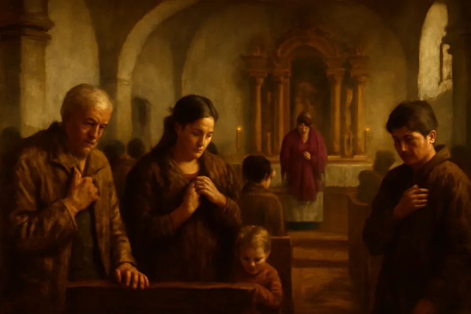 Ilustración en estilo óleo de los fieles de una parroquia que, de pie y con la cabeza inclinada, se golpean el pecho al rezar el Yo confieso al comienzo de la misa