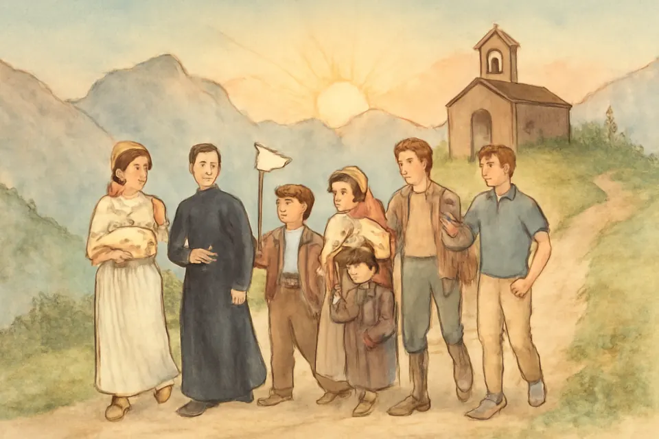 Watercolor-style illustration of a group of young people of different eras walking together up a mountain path toward a small chapel at dawn