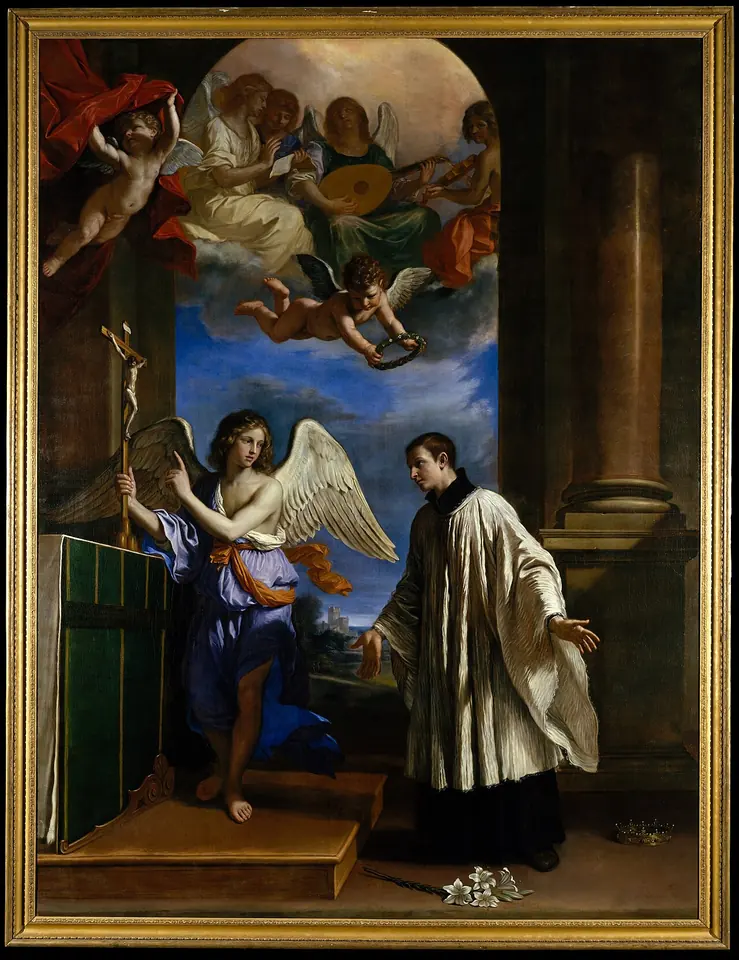 Baroque painting of a young man in a Jesuit cassock and surplice turning toward an angel who points to a crucifix, with angels making music in the sky above and a lily on the floor
