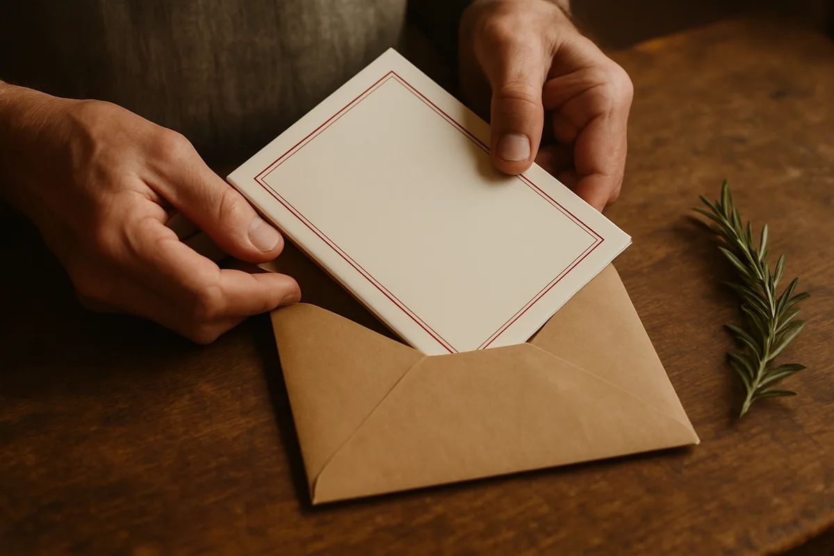Hands sliding a finished chapbook into a kraft paper envelope
