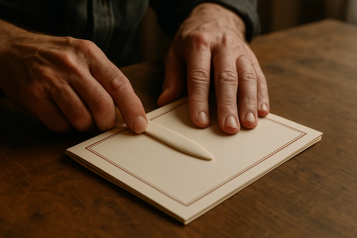 Hands folding printed chapbook pages and pressing the crease with a bone folder