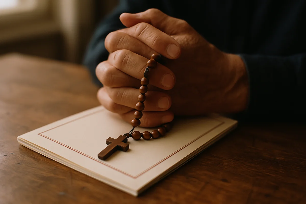 Folded hands holding a wooden rosary in prayer over a finished chapbook