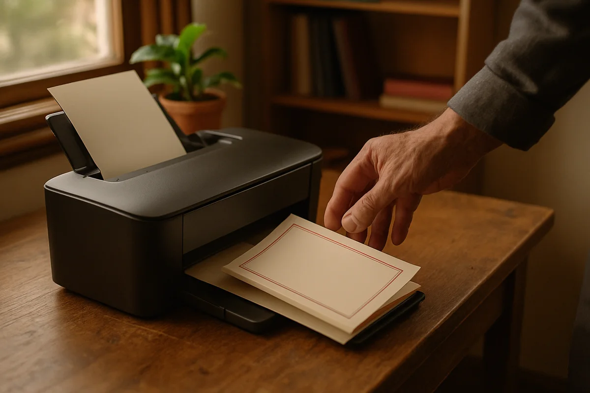 Printed chapbook pages coming out of a small printer on a wooden desk