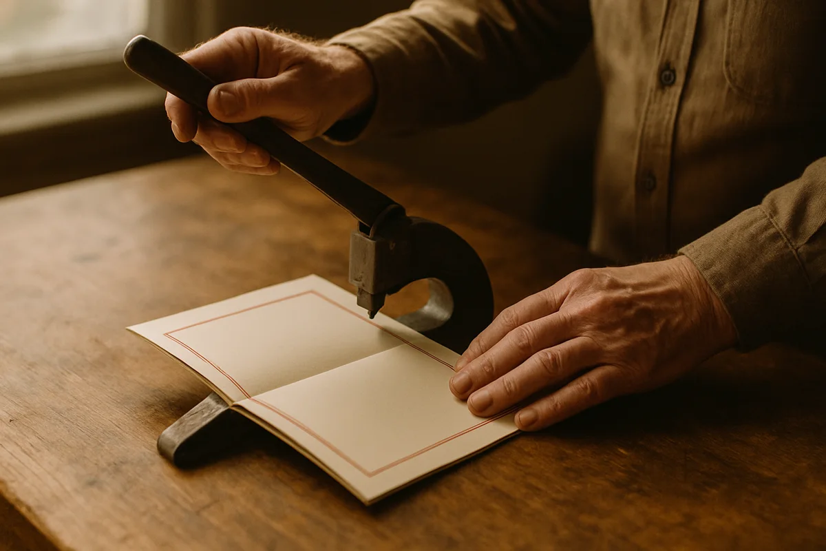 Hands pulling the lever of a manual saddle stapler to bind a chapbook
