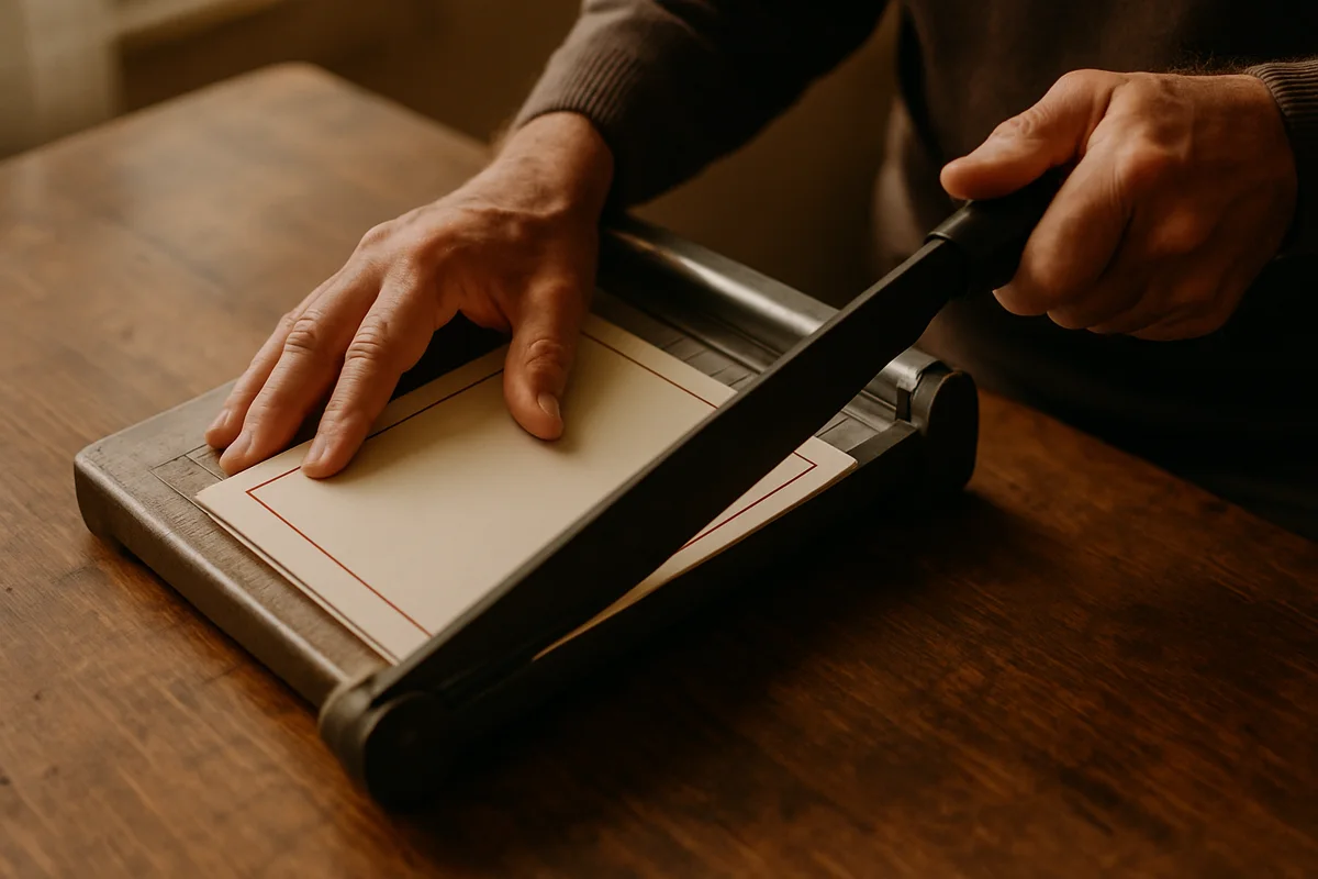 Hands trimming a stapled chapbook on a guillotine paper trimmer