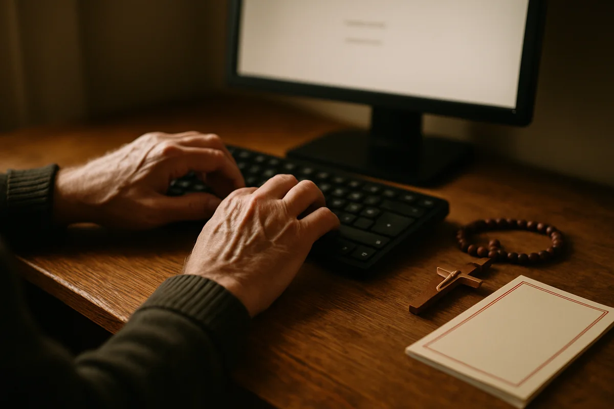 Hands typing a prayer on a keyboard beside a wooden rosary and crucifix
